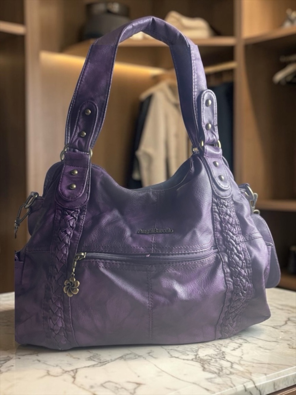 Purple Leather Shoulder Bag with Braided Trim